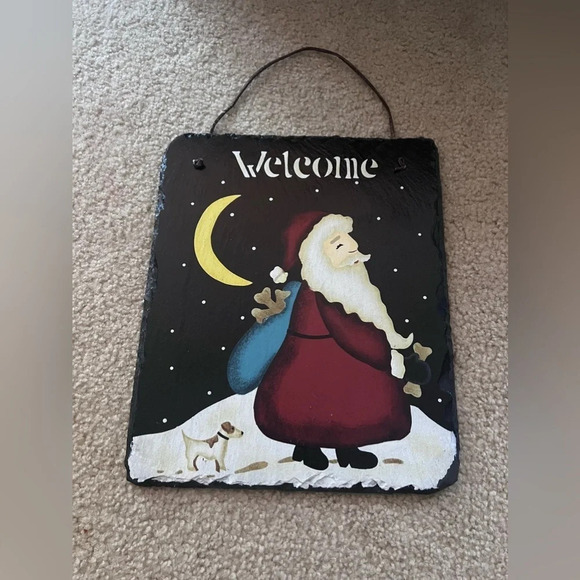 Christmas Slate Outdoor Welcome Sign Santa Claus Jack Russell Dog Snow - Picture 1 of 2